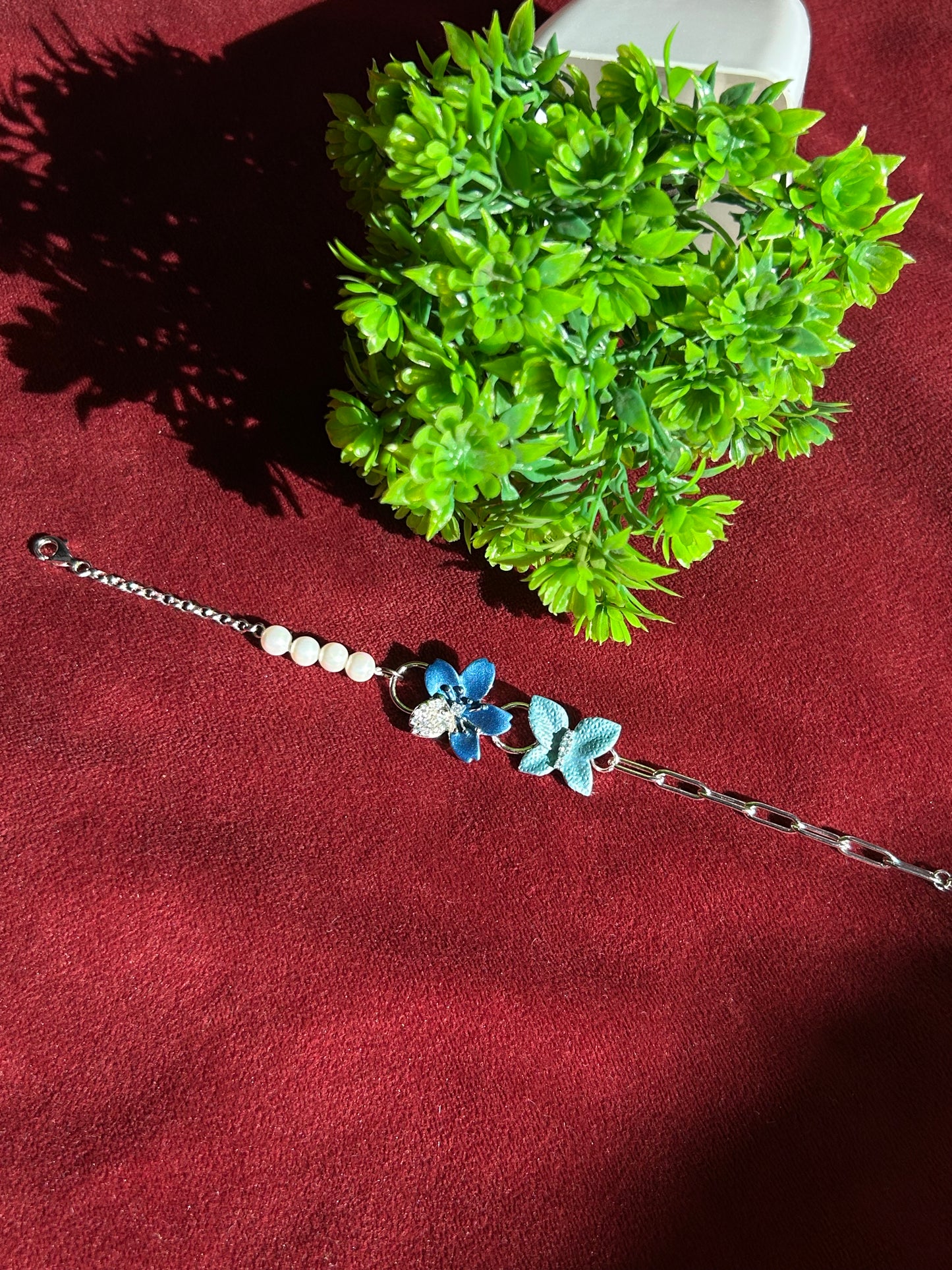 Premium Pearl Flower With Butterfly(Blue)Bracelet By Siva Silver