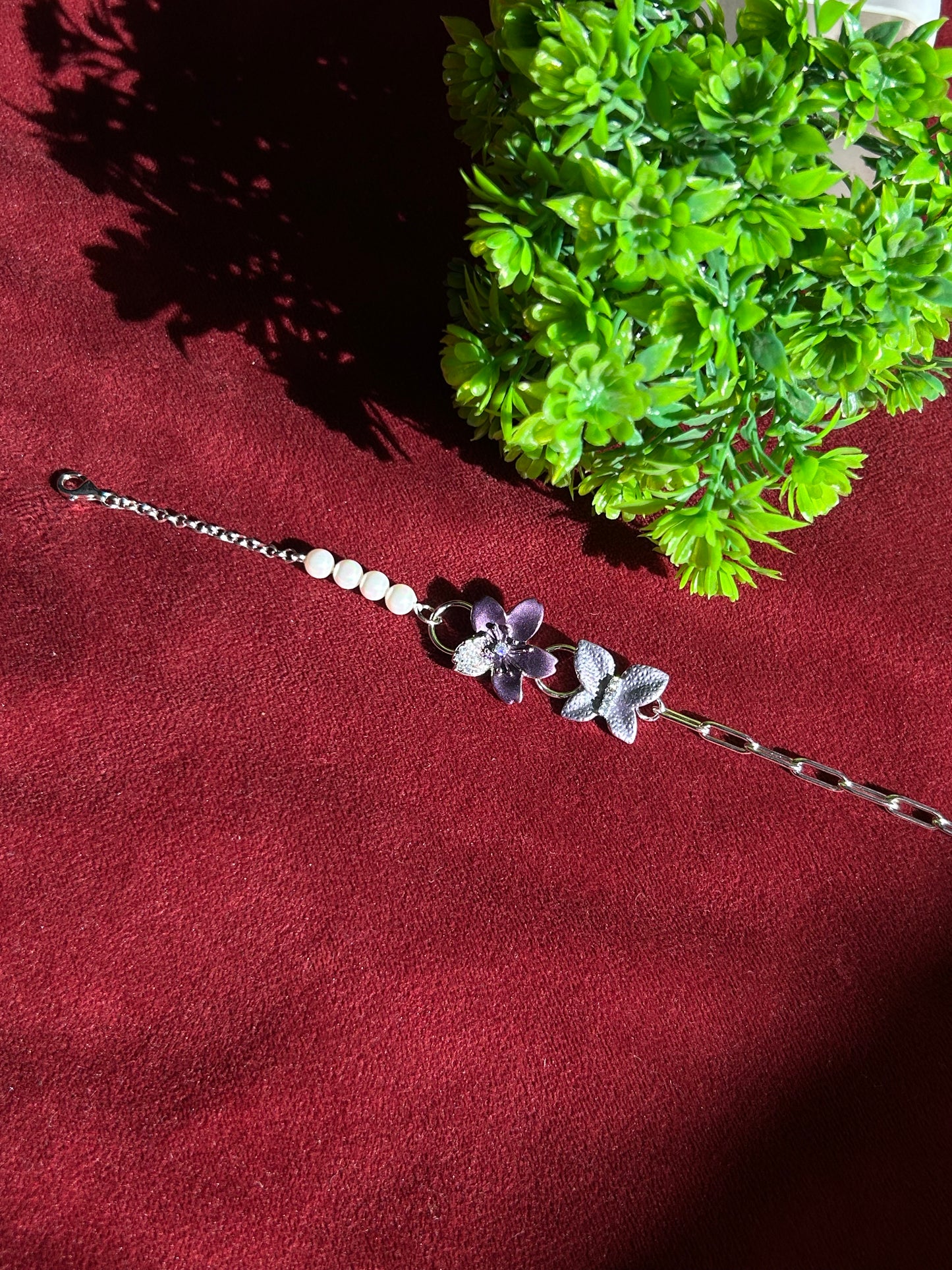 Premium Pearl Flower With Butterfly(Purple)Bracelet By Siva Silver